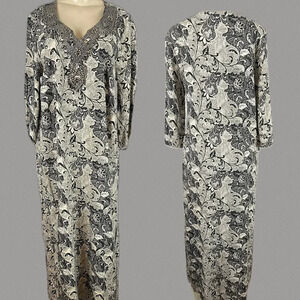 Ellos 14 Gray Floral Split Metallic Beaded Neckline Rayon 3/4 Sleeve Maxi Dress